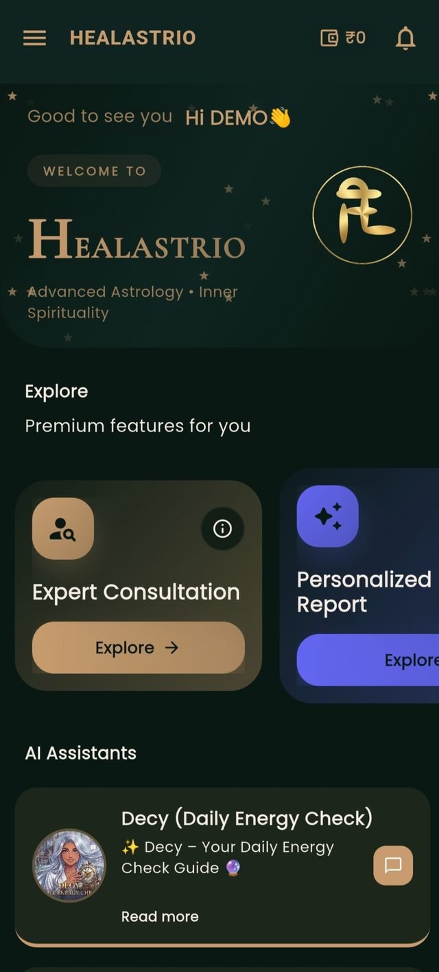 HEALASTRIO mobile app showing expert consultation and personalized astrology report features